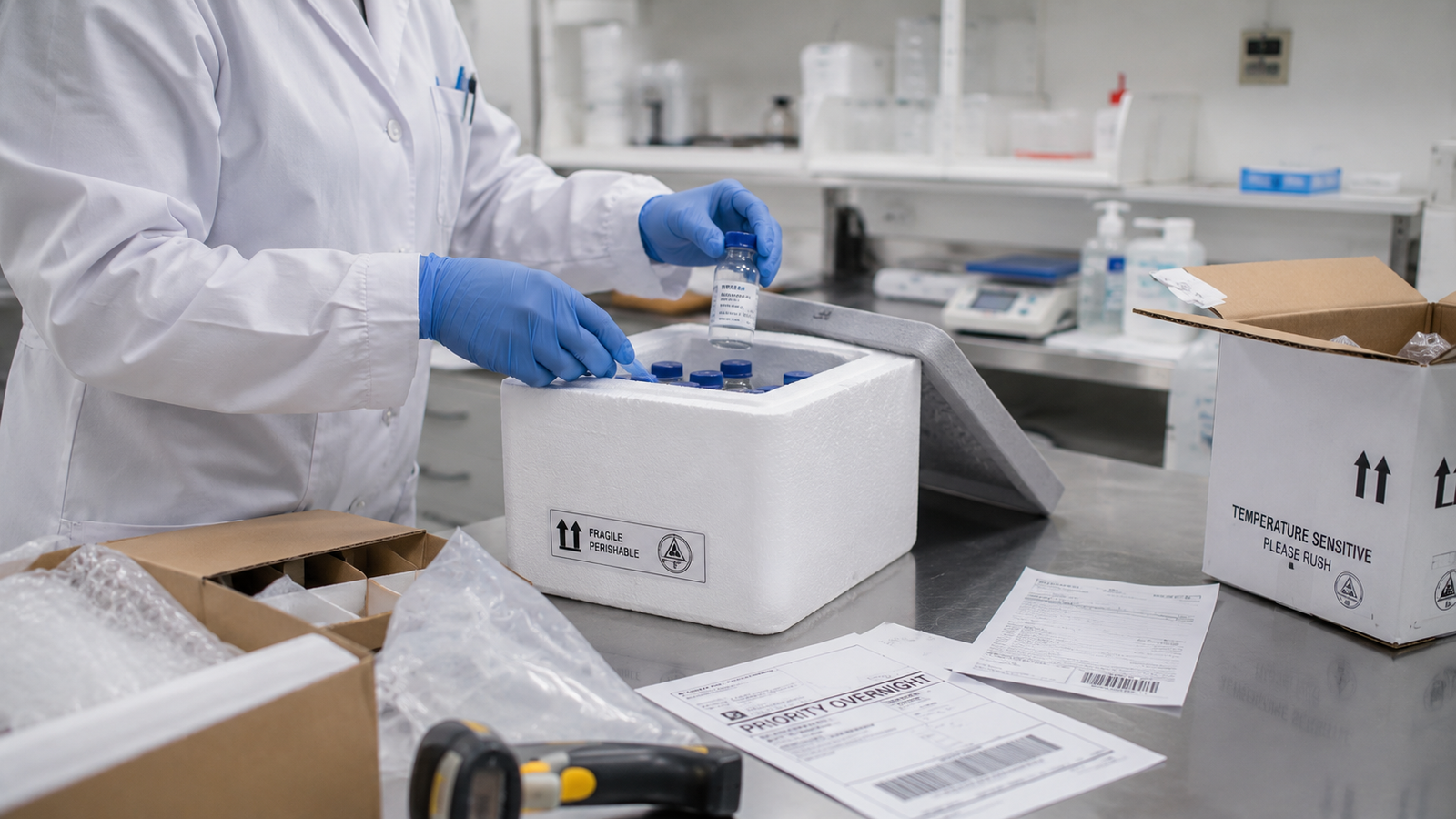 Temperature-sensitive research compounds packed with insulated cold-chain materials