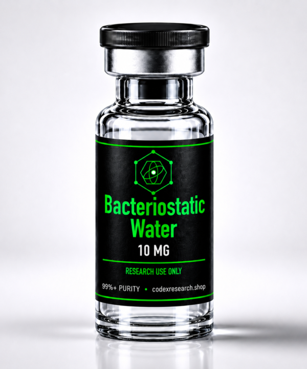 Bacteriostatic water 10ml research vial, black label with lime-green text, Codex Research
