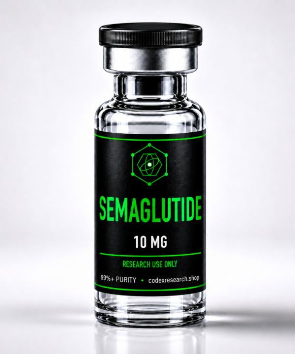 Semaglutide 10mg research peptide vial, black label with lime-green text, Codex Research