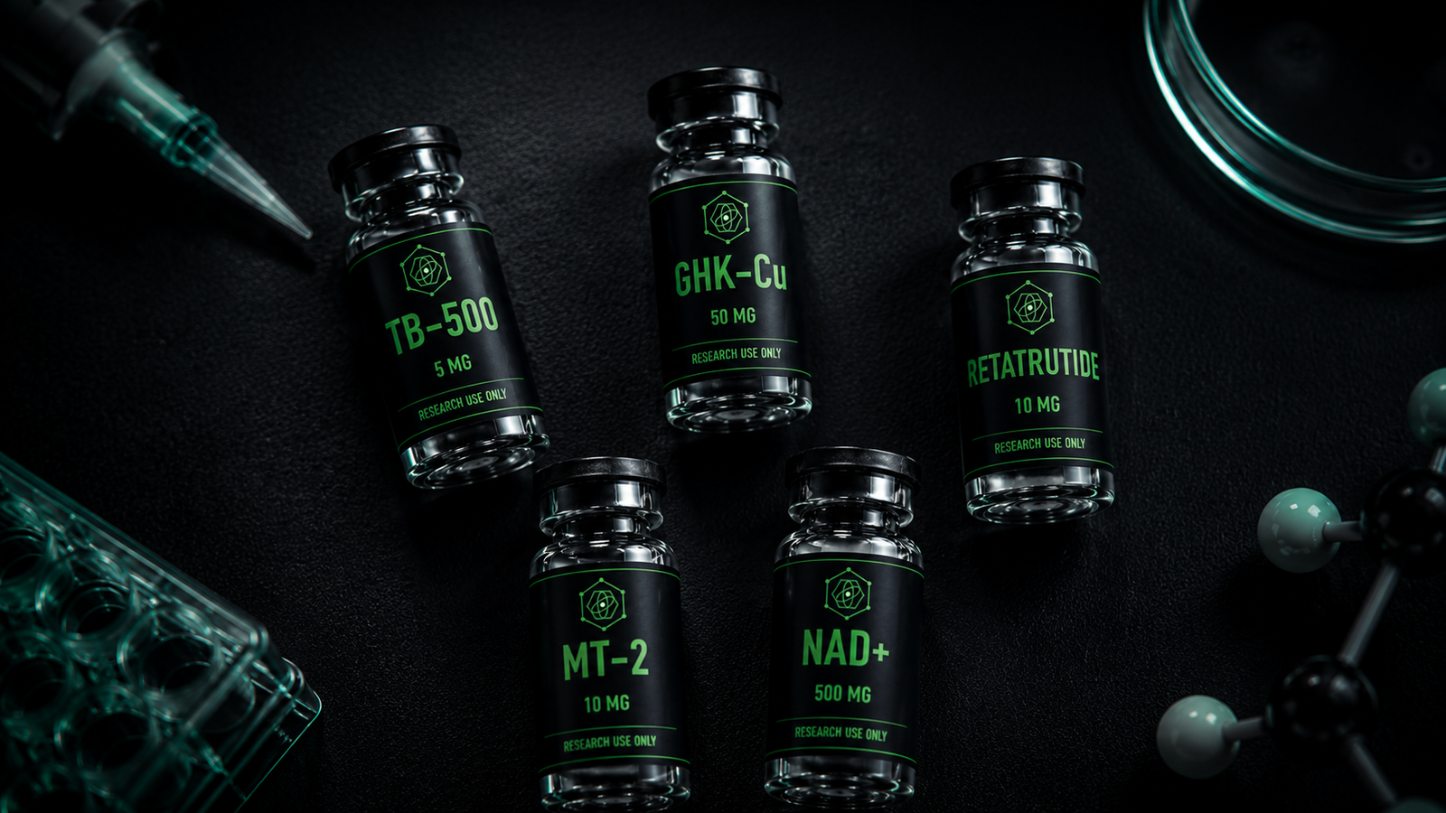 Codex Research peptide vials arranged on a dark laboratory surface