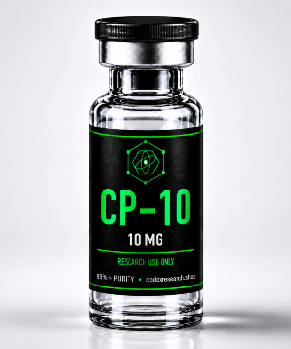 CP10 CJC-1295 Ipamorelin 10mg research peptide vial, black label with lime-green text, Codex Research