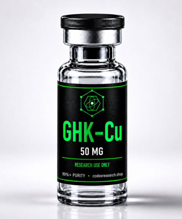 Codex Research GHK-Cu 50mg copper peptide research vial, black label with lime-green text, white studio background