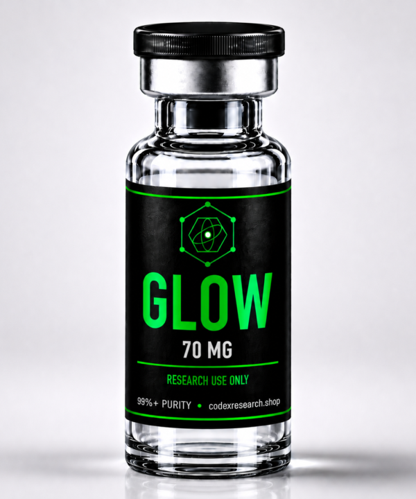 GLOW 70mg three-peptide blend research vial, black label with lime-green text, Codex Research