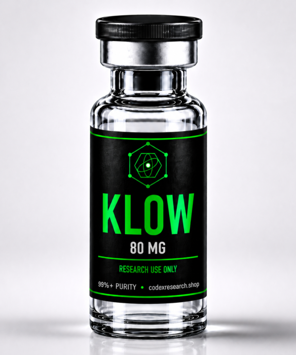 Codex Research KLOW 80mg peptide blend research vial, black label with lime-green text, white studio background
