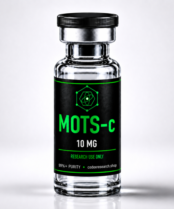 MOTS-c 10mg research peptide vial, black label with lime-green text, Codex Research