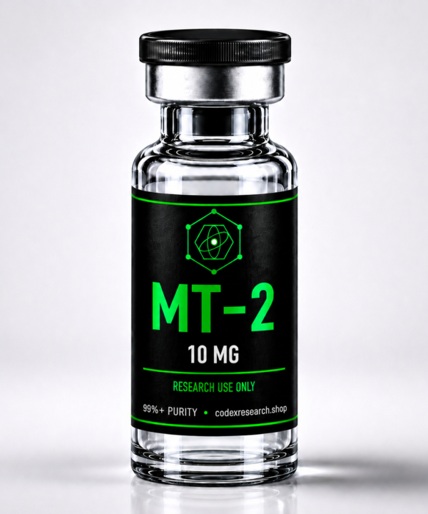 MT-2 Melanotan II 10mg research peptide vial, black label with lime-green text, Codex Research