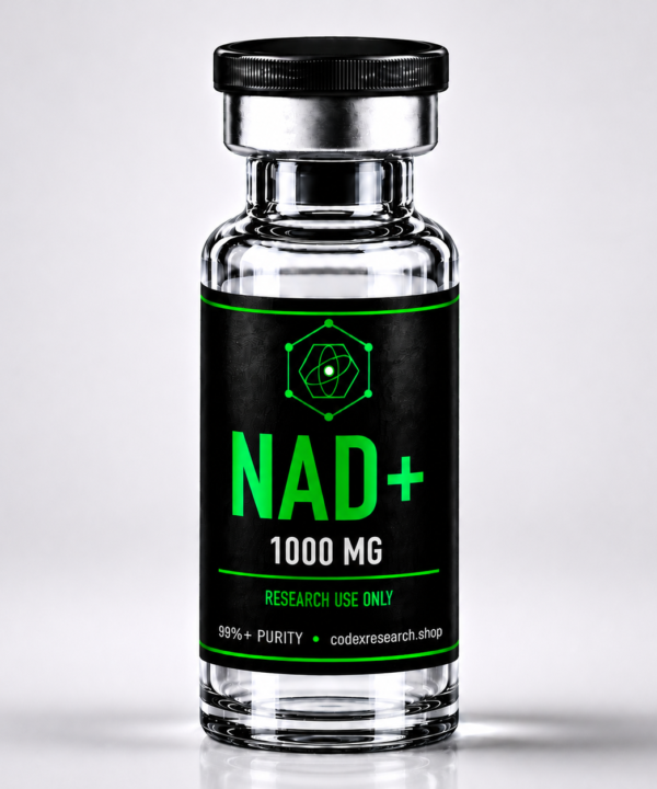 NAD+ 1000mg research vial, black label with lime-green text, Codex Research
