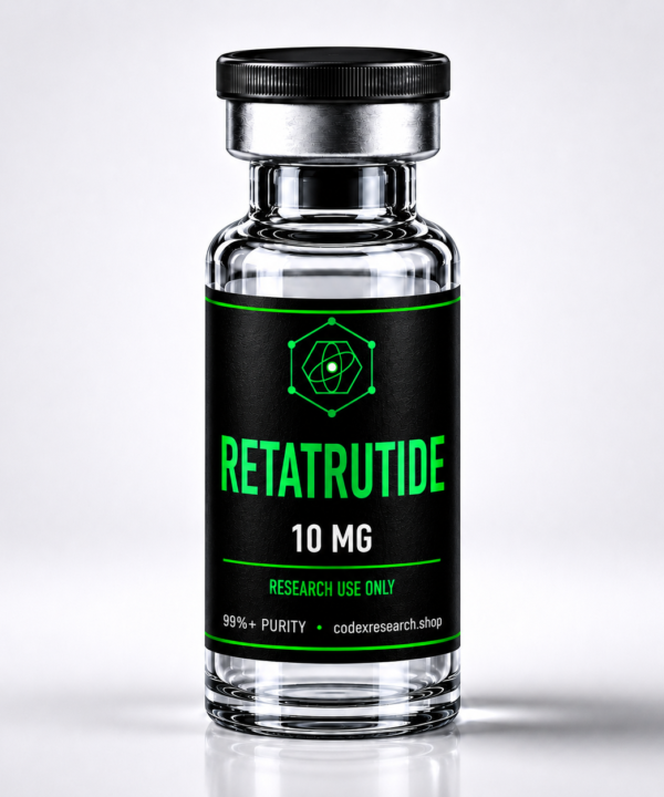 Codex Research Retatrutide 10mg GLP-1 triple-agonist research peptide vial, black label with lime-green text, white studio background