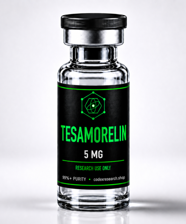 Tesamorelin 5mg research peptide vial, black label with lime-green text, Codex Research