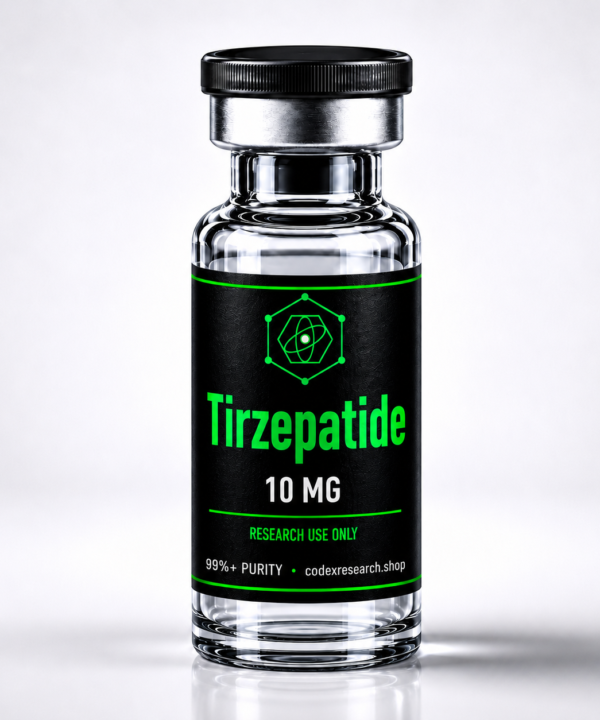 Tirzepatide 10mg research peptide vial, black label with lime-green text, Codex Research