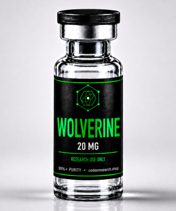 Wolverine 20mg BPC-157 TB-500 blend research vial, black label with lime-green text, Codex Research