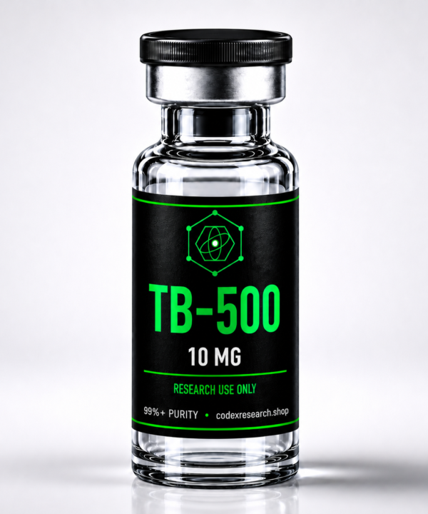 Codex Research TB-500 10mg research peptide vial, black label with lime-green text, white studio background