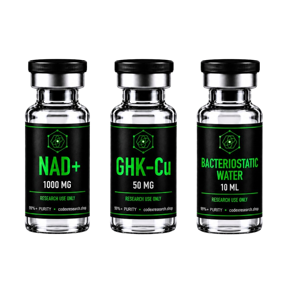 Codex Research Longevity Kit — NAD+ 1000mg, GHK-Cu 50mg, and bacteriostatic water research vials
