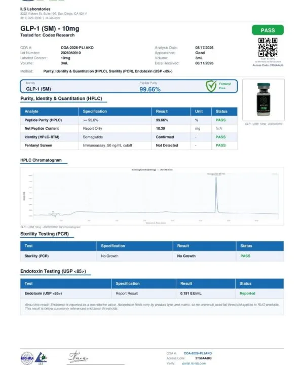 GLP-1 (SM) COA — Lot 2026050910 (ILS Laboratories)