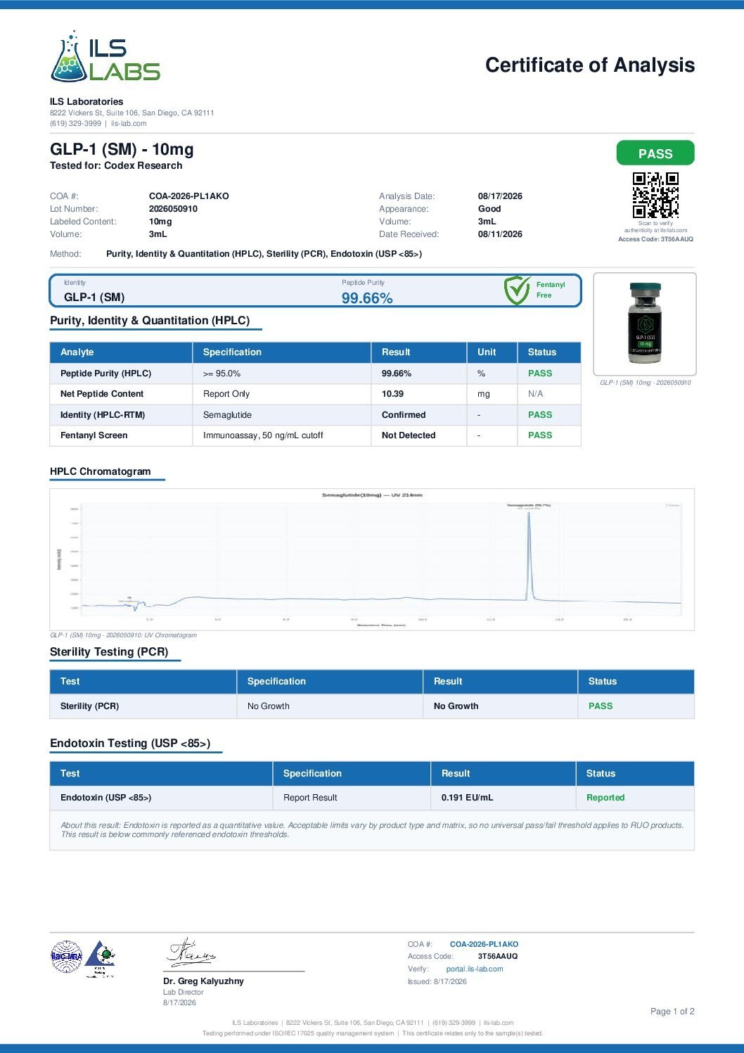 Certificate of Analysis — GLP-1 (SM) 10mg, lot 2026050910, ILS Laboratories