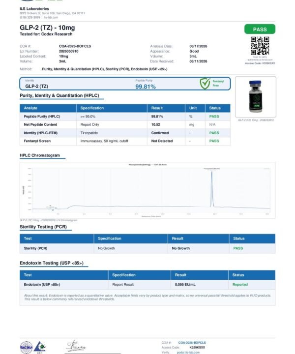 Certificate of Analysis for GLP-2 (TZ) 10mg, lot 2026050910, ILS Laboratories