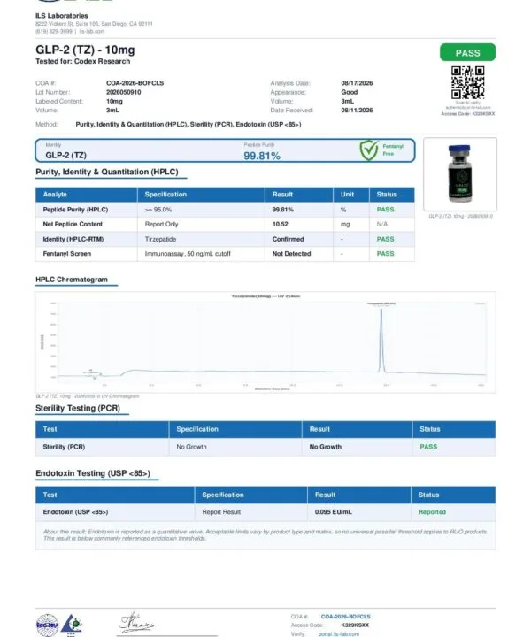 Certificate of Analysis for GLP-2 (TZ) 10mg, lot 2026050910, ILS Laboratories