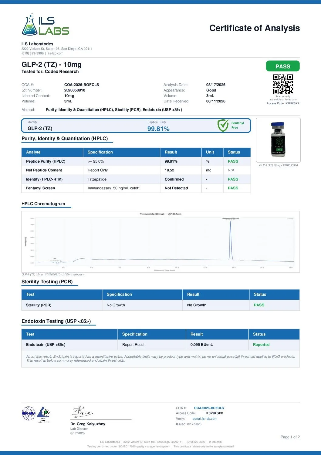 Certificate of Analysis — GLP-2 (TZ) 10mg, lot 2026050910, ILS Laboratories