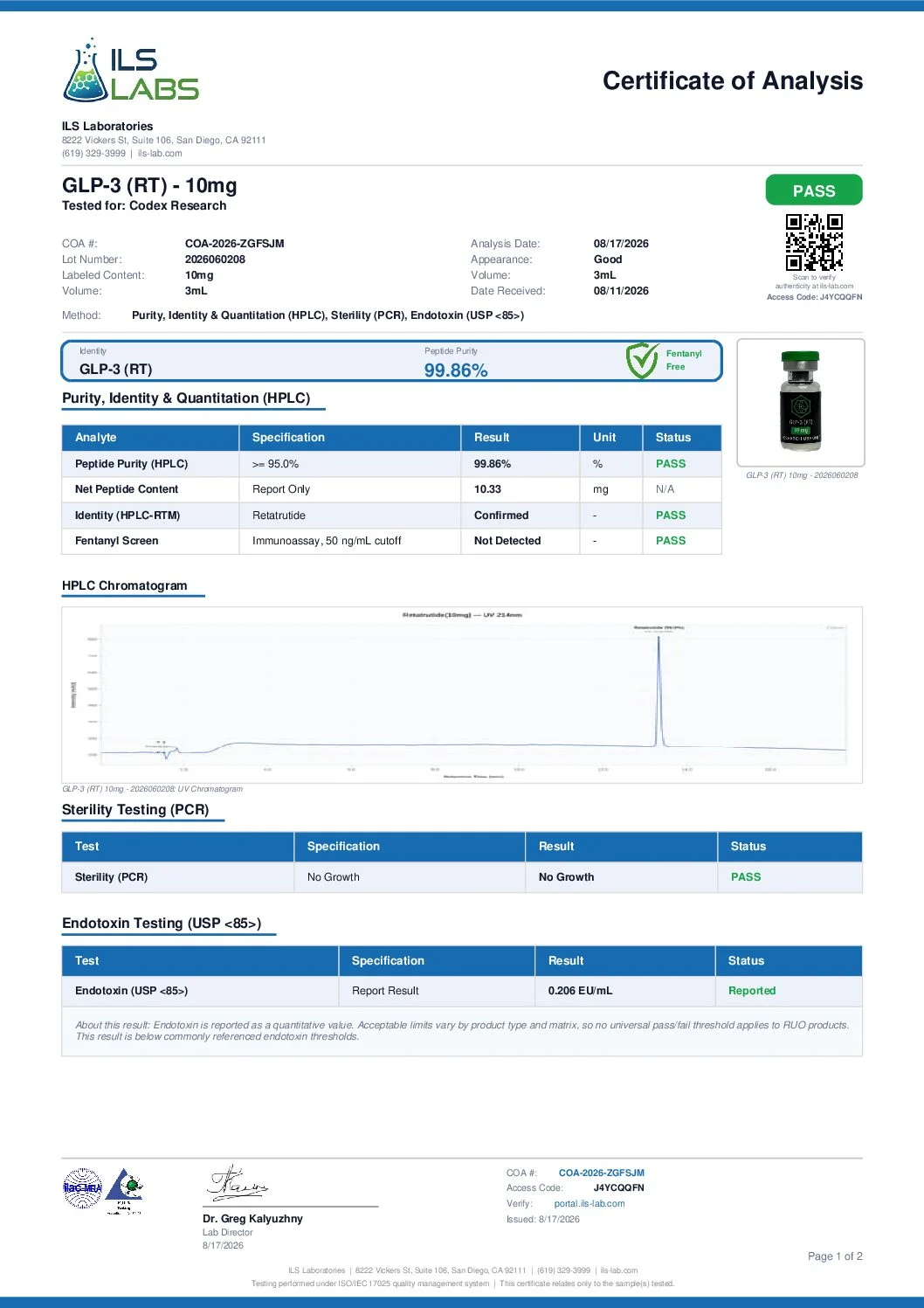 Certificate of Analysis — GLP-3 (RT) 10mg, lot 2026060208, ILS Laboratories